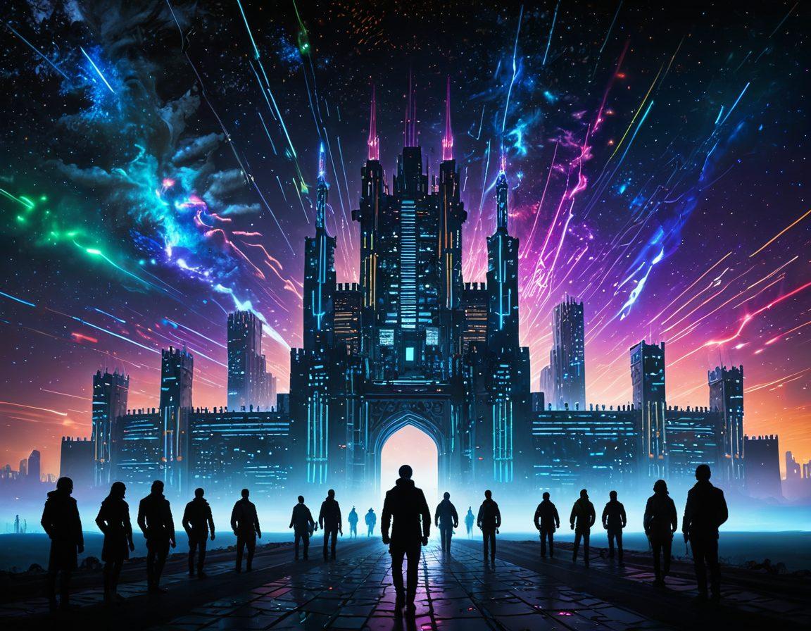 A digital fortress represented as a futuristic castle made of binary code and glowing circuits, surrounded by floating shields made of light. In the foreground, a diverse group of individuals holding tools like firewalls and locks, symbolizing teamwork in cybersecurity. The background features a celestial sky filled with stars representing vast data networks. super-realistic. vibrant colors. cyberpunk.