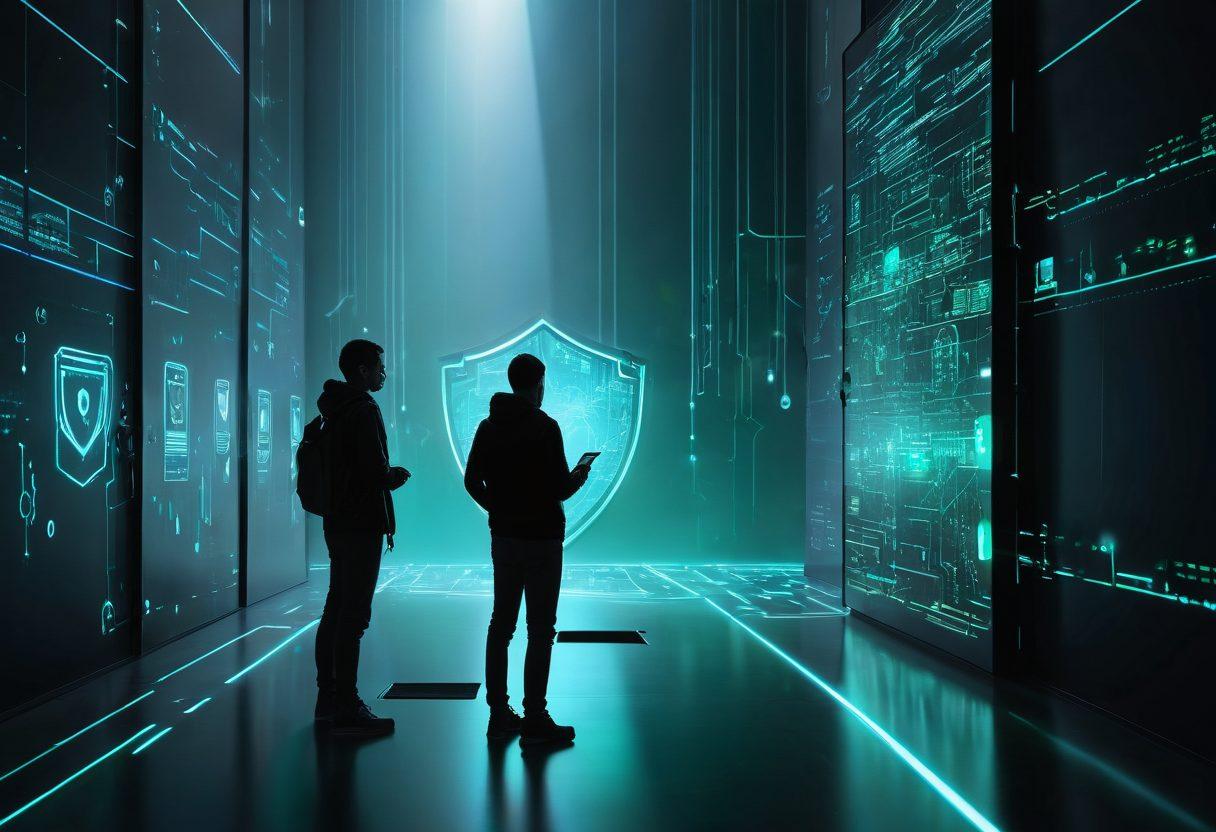 A digital landscape depicting a serene web environment filled with floating shields and locked padlocks, symbolizing security and privacy. Include a stylized representation of a user browsing their device with a glowing screen, surrounded by vibrant pathways of data flowing safely. Incorporate abstract elements representing threats, like shadows or glitches, being kept at bay by the shields. Use a futuristic blue and green color palette to evoke a sense of safety and technology. super-realistic. vibrant colors. 3D.