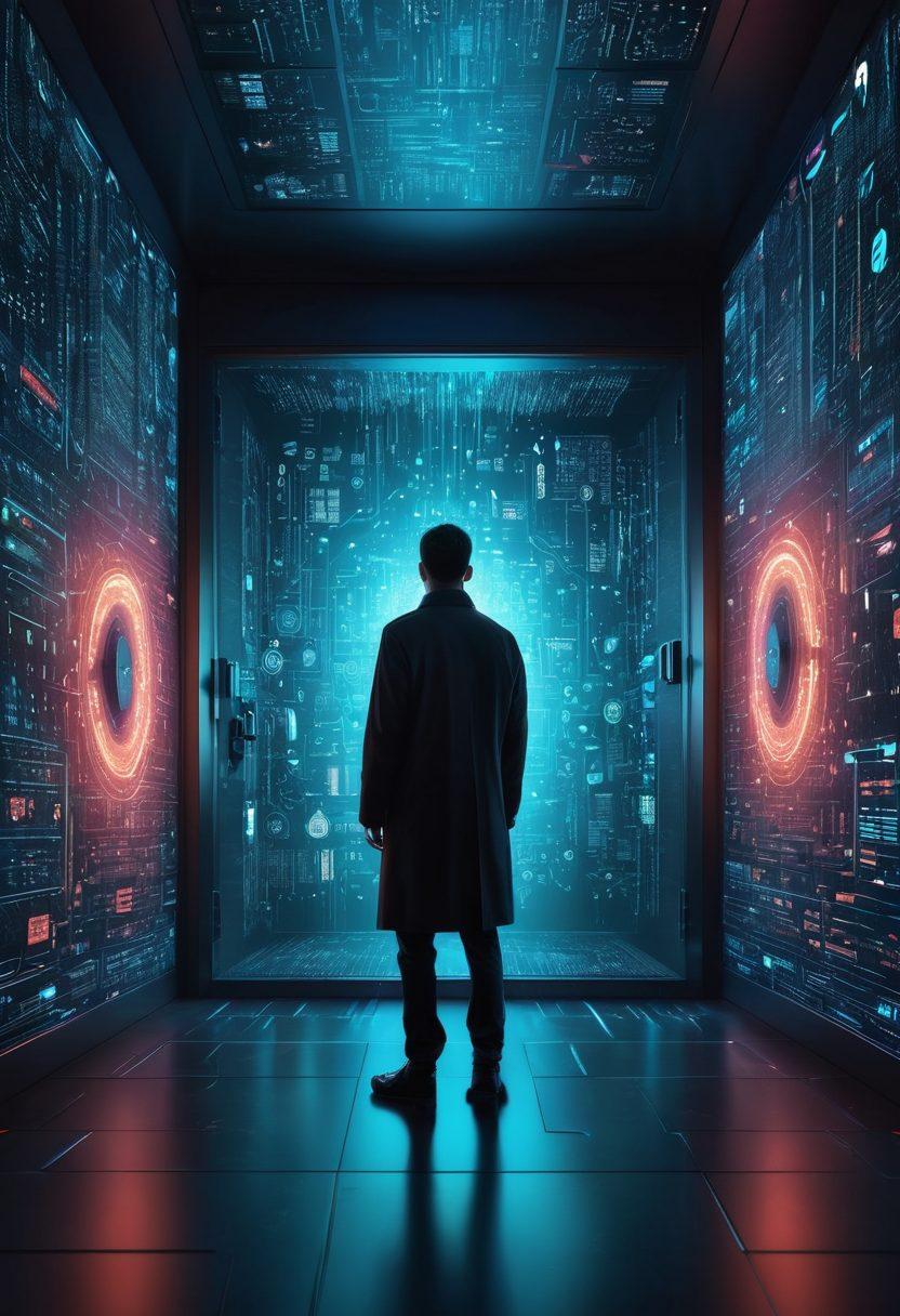 A mysterious digital vault glowing with encrypted codes and keyholes, surrounded by a blurred silhouette of a person hidden in the shadows. The background is filled with floating icons representing online activities and data protection. An aura of secrecy and sophistication permeates the scene, highlighting the theme of online privacy and security. cyberpunk. vibrant colors. super-realistic.